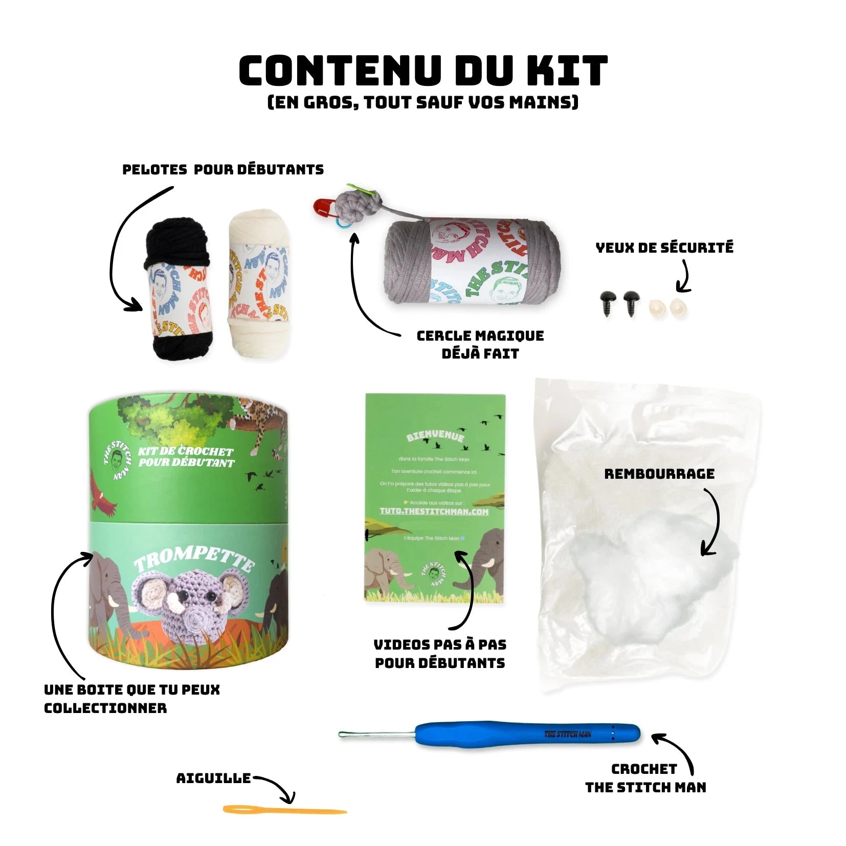Trompette l'Eléphant - Kit crochet débutant- The Stitch Man - Crochet débutant amigurumi